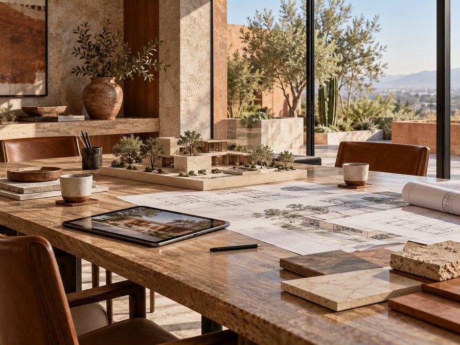 Mesa de asesoría técnica con maqueta y planos arquitectónicos
